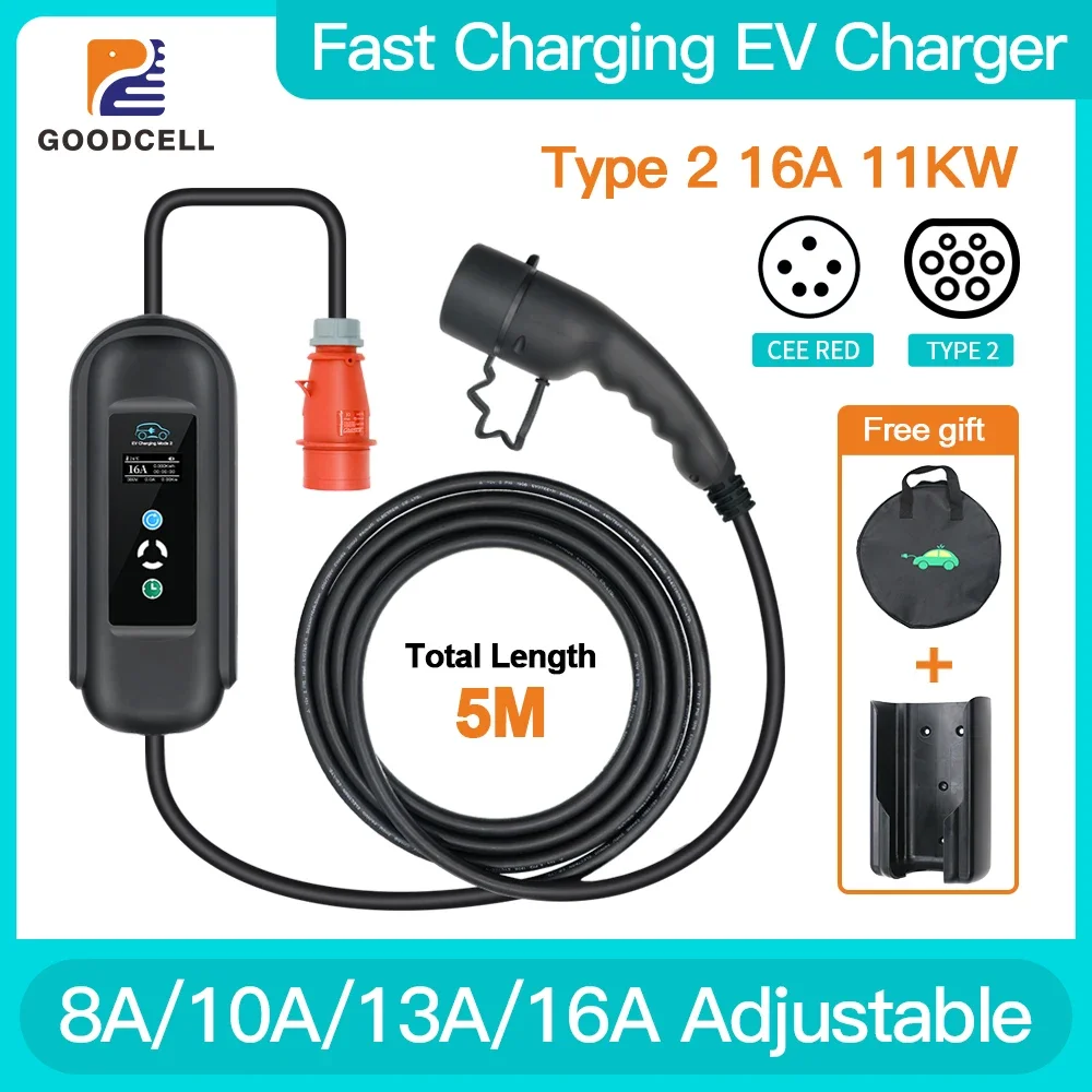 Goodcell Portable Electric Vehicle Charger 11KW 16A 10M Charging Cable CEE Plug IEC62196-2 Wallbox EV Charger 5M