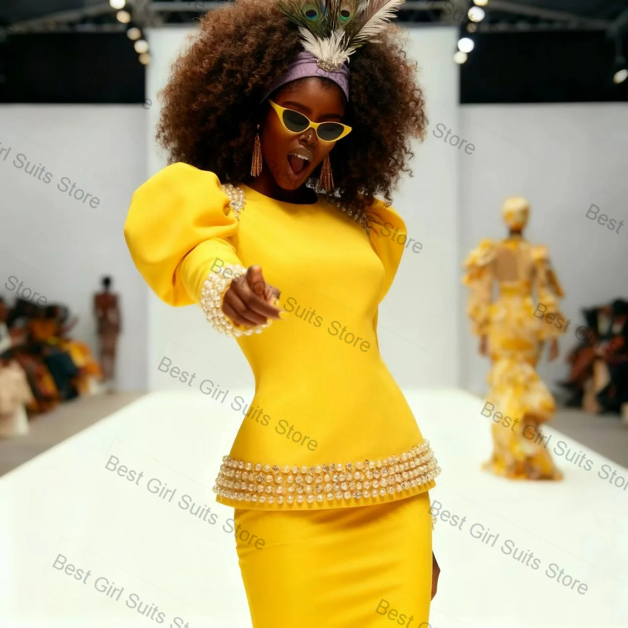 クリスタル女性スーツスカートセット 2 ピースイエローブレザー + プロムドレスフォーマルビジネスオフィスレディジャケットカスタマイズされた結婚式のコート衣装