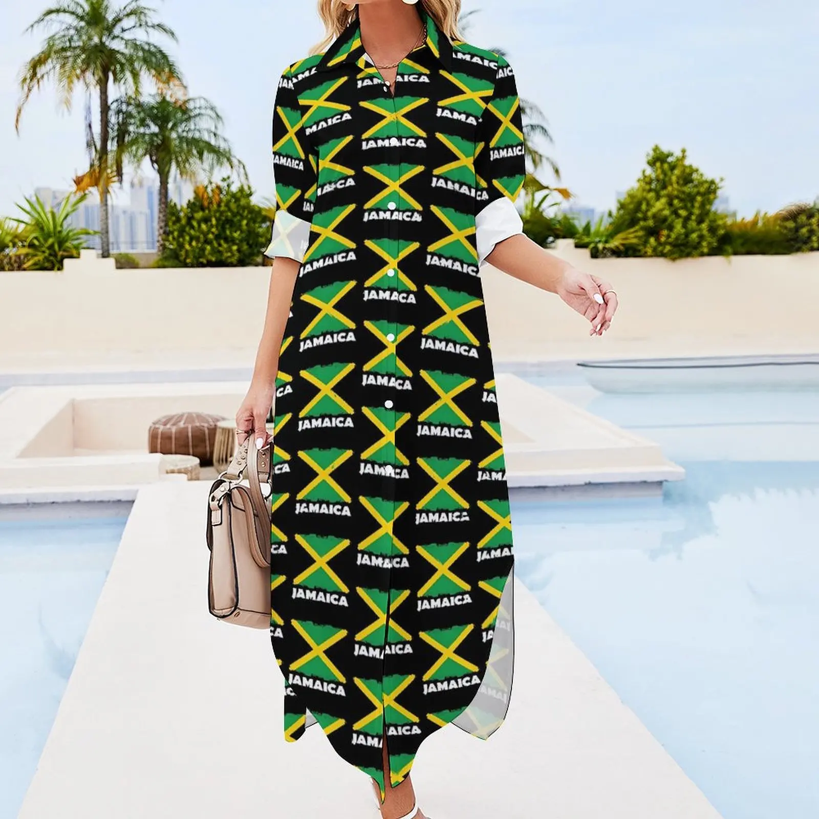 Jamaica Flag Print Casual Dress National Day Street Style Dresses Long Sleeve Cute Women V Neck Custom Big Size Chiffon Dress