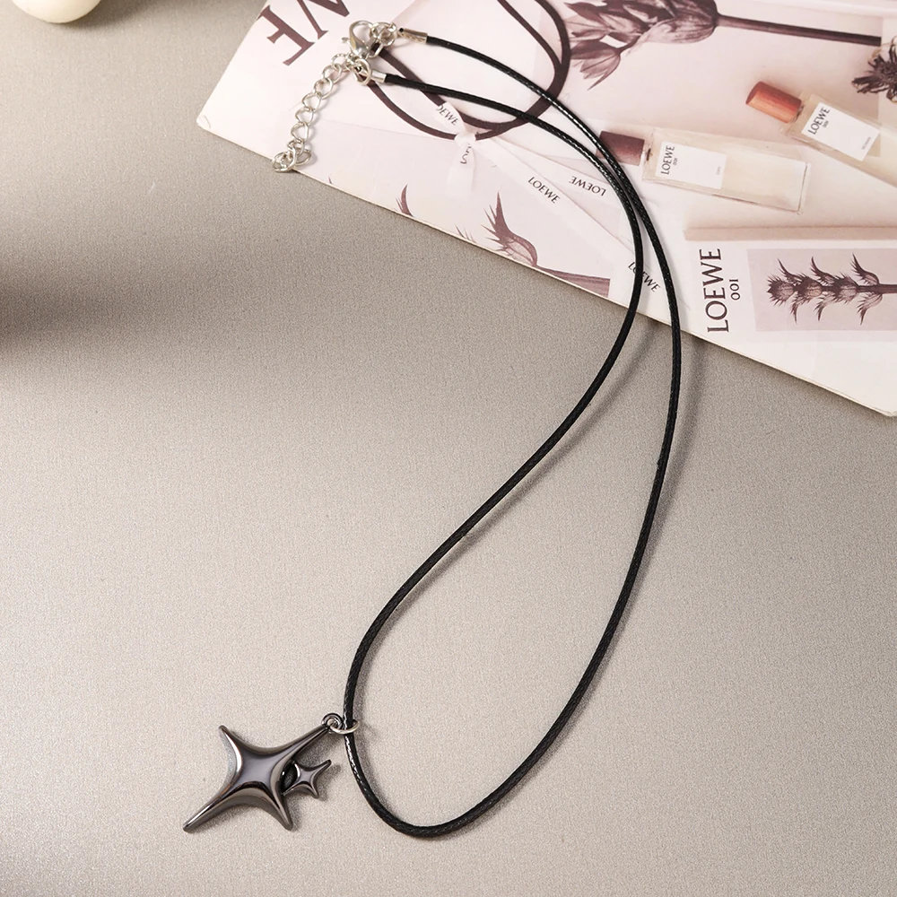 Aihua Hip-Hop-Halskette mit Herz-Sonnen-Stern-Anhänger in Gunmetal-Schwarz für Damen und Herren, Punk-Halskette mit schwarzem Seil, Choker, Halsschmuck, Geschenke – Detail 15