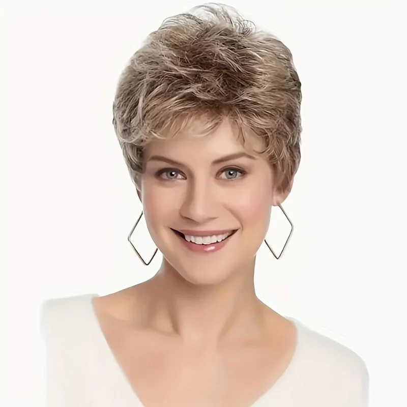 

Элегантный светло-коричневый короткий кудрявый парик с боковой челкой - из термостойкого синтетического волокна, подходит для повседневного ношения.