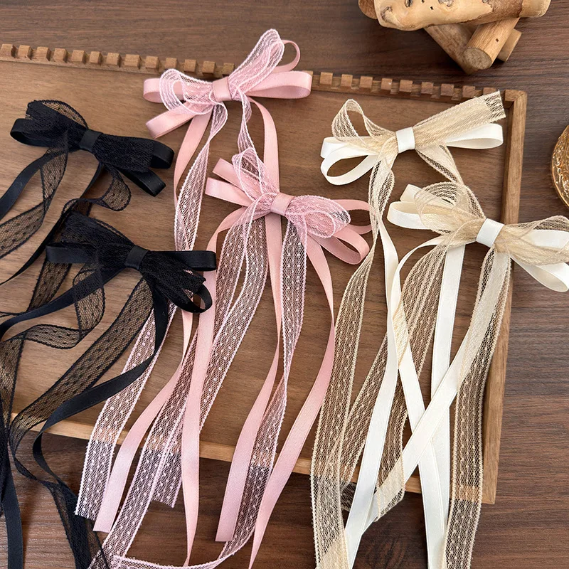 Koreańska koronkowa kokardka spinka do włosów moda długa wstążka spinki do włosów Barrettes opaska dla kobiet dziewczynki słodkie akcesoria do włosów biżuteria ślubna — zdjęcie 4