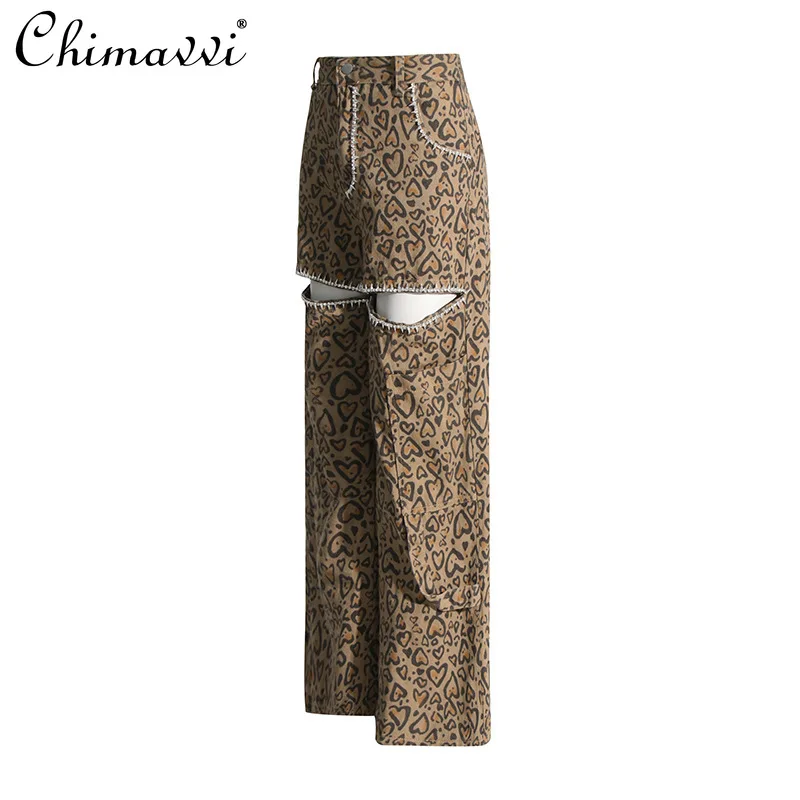 High-end Leopard Jeans 2024 Summer Clothes New Fashion Printed Diamond Loose-fit Streetwear Straight Casual Women's Trousers