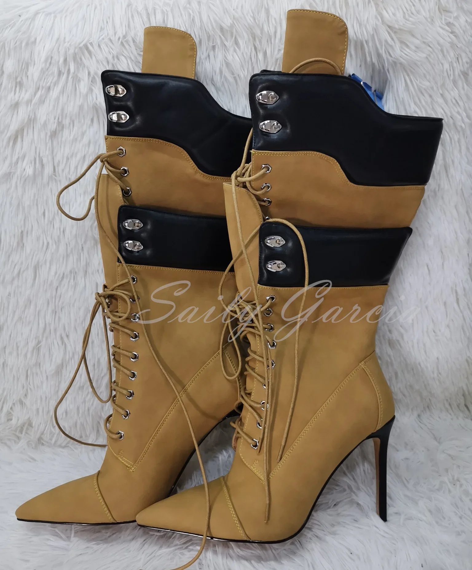 2024 New Crossed Tied Knee High Boots Pointed Toe Gladiator Lace up Double Layered Straps High Heel Boots Sexy Cool Punk Shoes