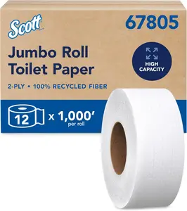 High-Capacity Jumbo Roll Toilet Paper, 2-Ply, Septic Safe, White, Non-Perforated (12 Rolls at 1,000' Each)