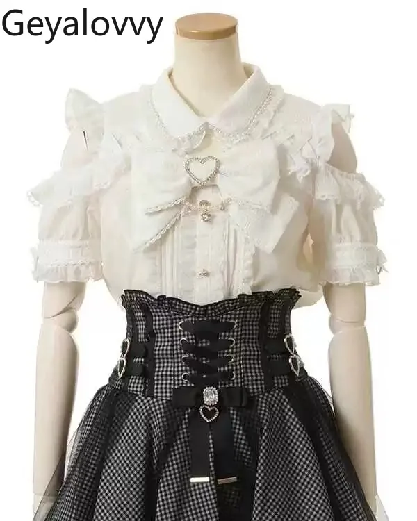 Mines japoneses nuevos, camisa de manga corta con cuello de perlas y hombros descubiertos, bonito y dulce lazo grande, novedad de verano, camisas blancas, blusa Liz para mujer