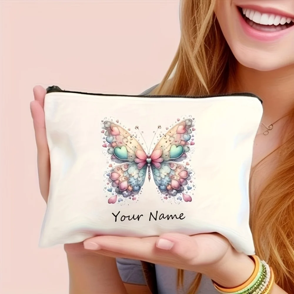 1Pc Custom Name/Text Butterfly Parttern Makeup Bag Double Sided Printed Cosmetic Pouch Travel Toiletry Organizer Storage Bags