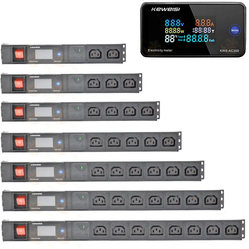 pdu rede cabinet rack faixa de alimentacao com protecao contra raios c14 entrada c14 soquete lcd ac voltimetro sem cabo de extensao 01