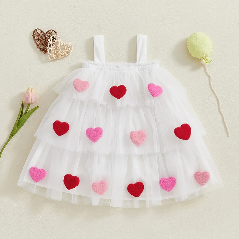 Girls Overall Dress 3D Heart Tiered Ruffled Puffy Drape Hem A-Line Valentines Day Dress 1-9 Years