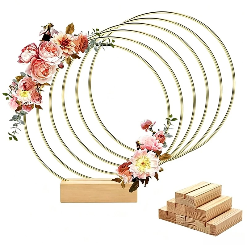 10 Pezzi Cerchio Floreale in Filo Dorato con Base in Legno, Decorazione Centrotavola per Matrimoni Fai-da-Te, Supporto Rotondo per Fiori