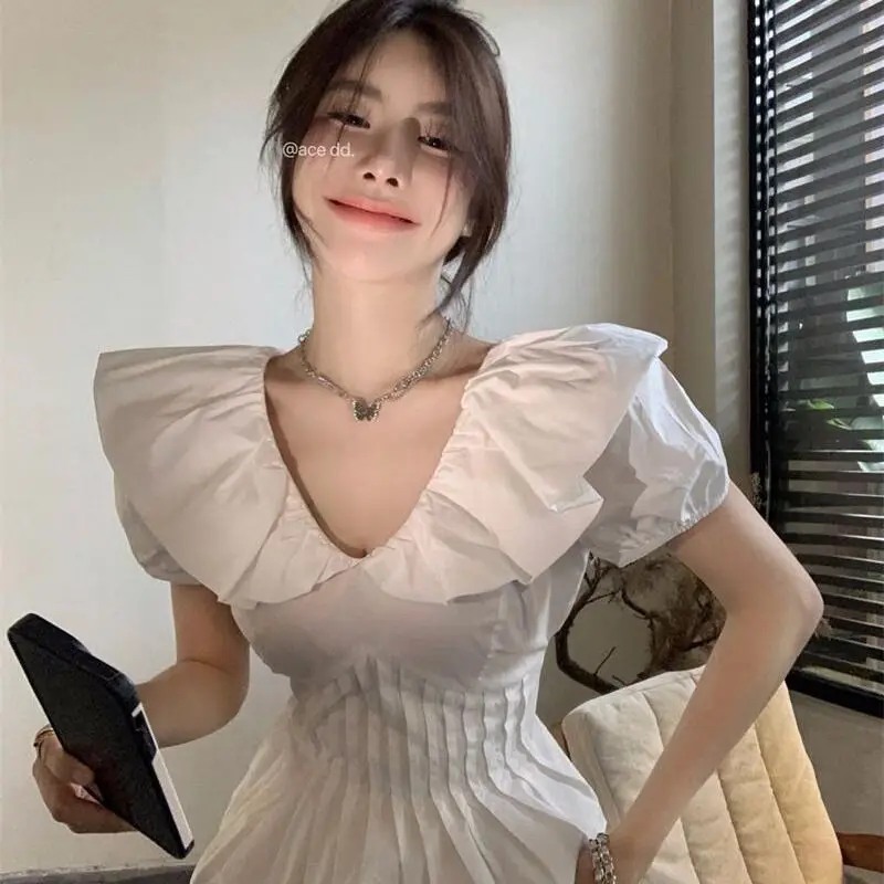 Niche French Puff Sleeve Ruffles Shirt Tops Women 2024 Summer Corset V-neck White Office Lady Solid Color Light Cooked Shirt