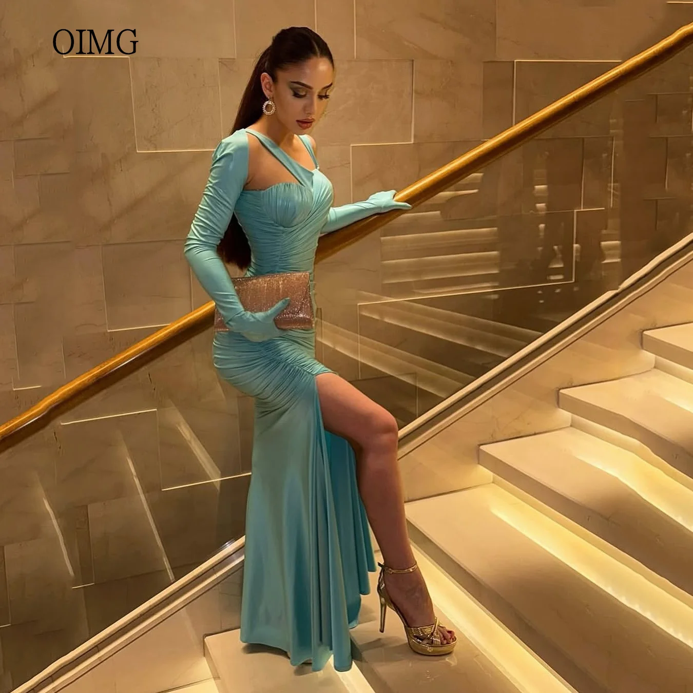 

OIMG Modern Long Sleeves Mermaid Prom Gowns Sweetheart Neck Party Gown Side Slit Long Evening Dress 2025 Customized