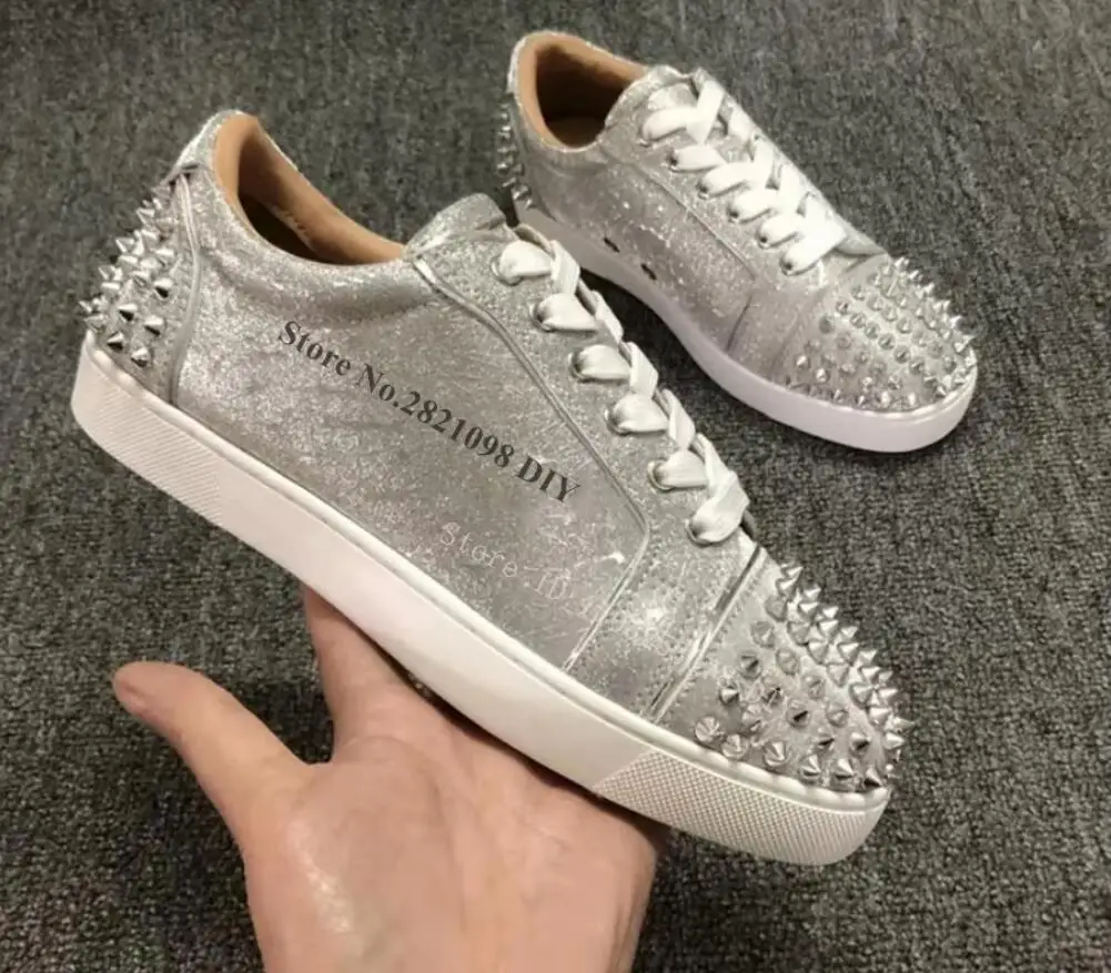 Prateado plano rebite rendas até sapatos casuais feminino design de embreagem tênis de cristal dedo do pé redondo conciso casal metálico glitter sapato