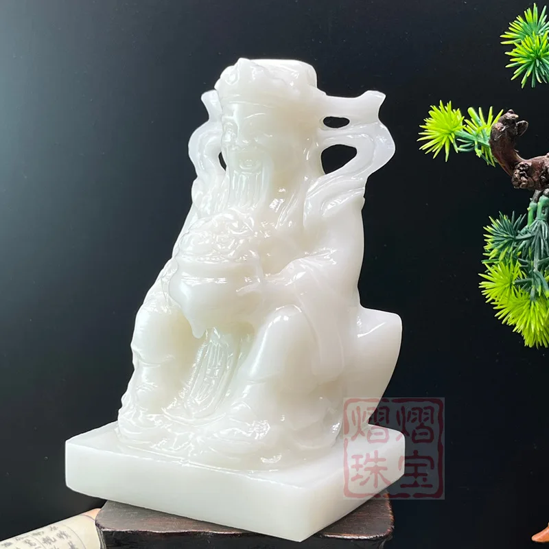 YFY white jade, God of Wealth ornament, home Buddha statue, Buddhist niche offering craft feng shui ornament