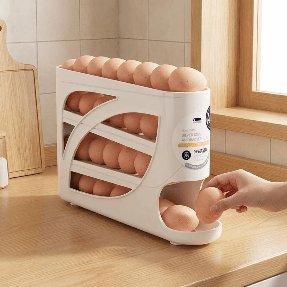 Plastic 4-Tier Automatic Rolling Egg Rack Anti-Drop Fresh-Keeping Rolling Egg Storage Box Space Saving Large Capacity