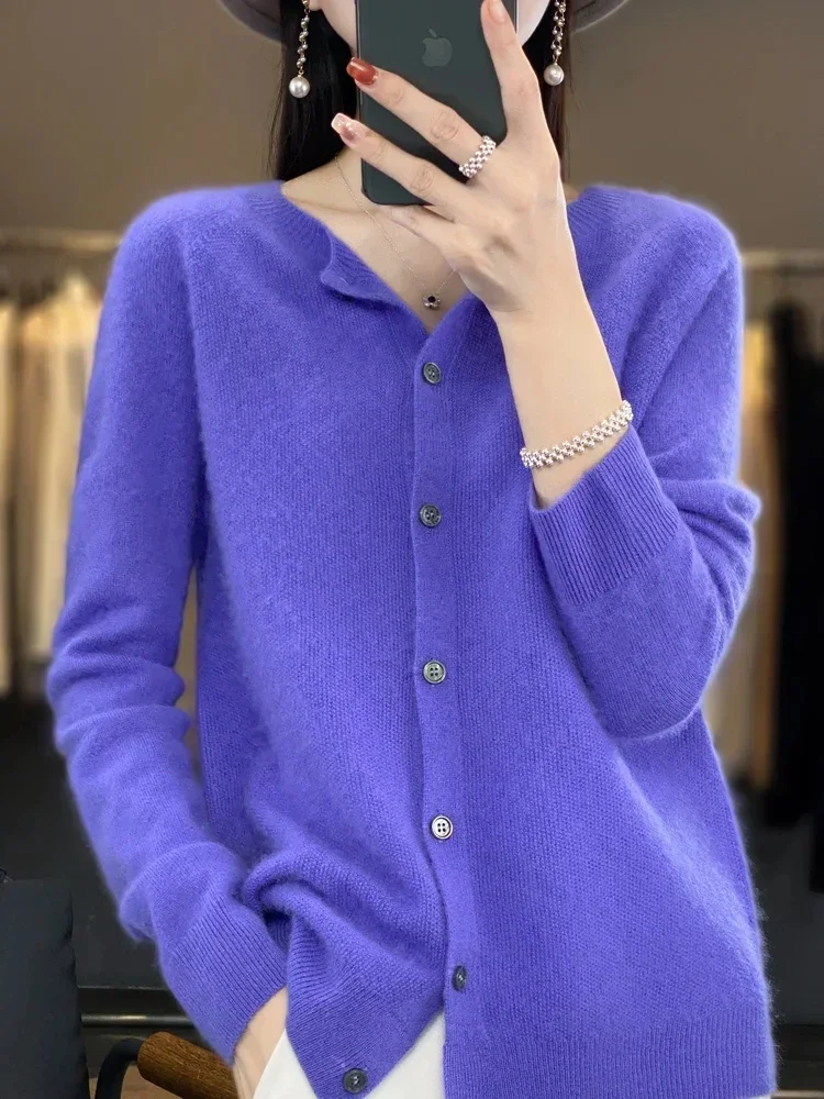 Women\'s Merino Wool Cardigan, 100% Pure Wool, O-Neck, Cashmere Sweater, Female Clothing, Grace Knitwear, Korean Tops, New Fashio