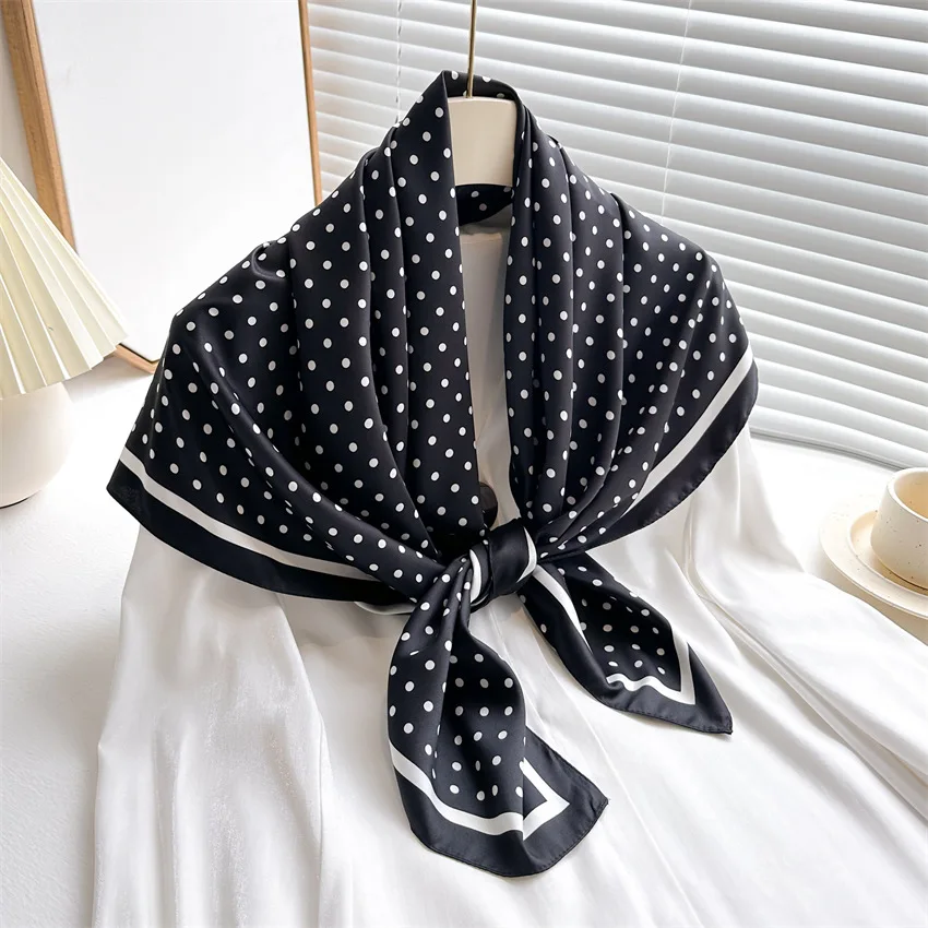 90*90cm Polka Dot Quadratischer Schal für Damen, weicher Satin, Seidenschals, Bandanas, luxuriöser Hijab, Halstuch, eleganter Schal, Wickeltuch – Detail 17