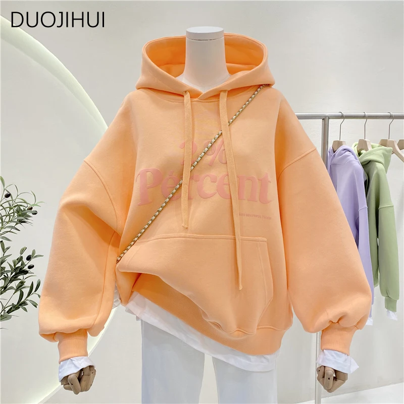 DUOJIHUI New Green Basic Hooded Chicly Drawstring Women Hoodies Spring Fake Two Piece Street Letter Printed Loose Female Hoodies