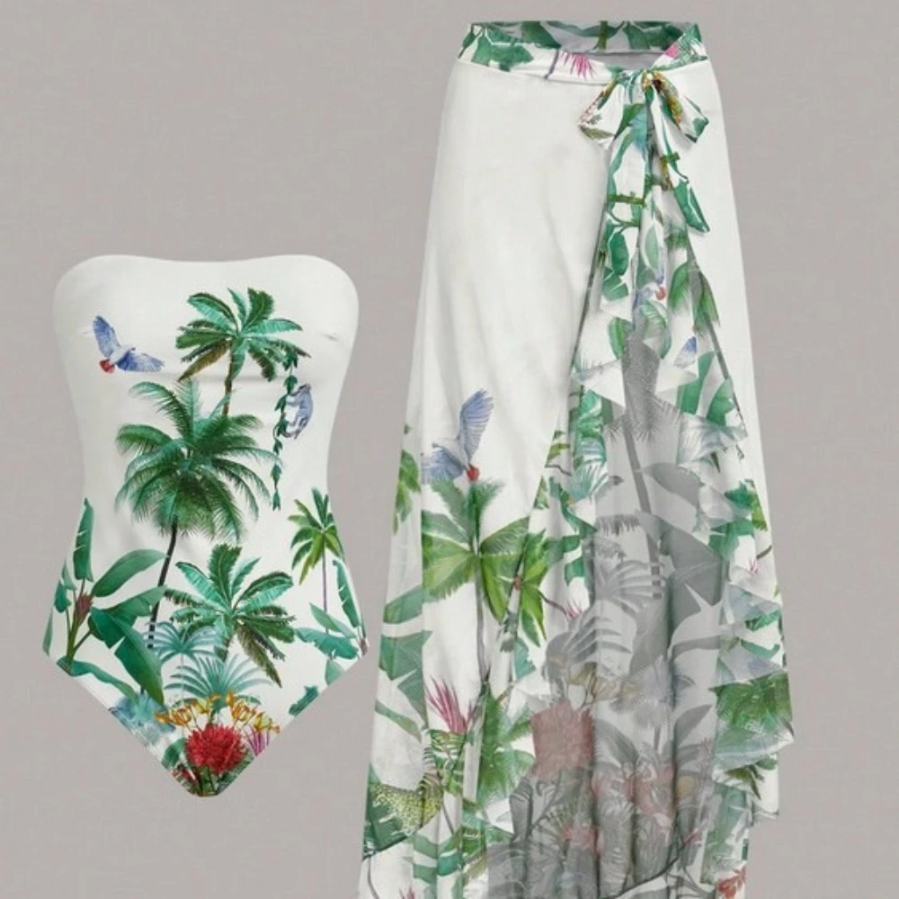 Women 2‑Piece Swimsuit Set Print Strapless Bodysuit With Wrap Long Skirt Cover‑Up Beach Bathing Suit For Brazil Summer Vacation