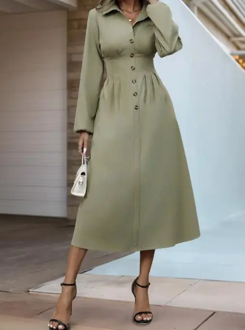 Damesjurken 2023 Herfst Nieuwe Kraag Taille A-lijn Rok Commuter Lange Mouw Button Up Shirt Jurk Retro Casual Elegante Jurk