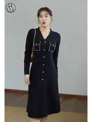 DUSHU Women Black Retro V-neck Knitted A-line Skirts 2021 Winter Waist Slim Commuter Dresses Women Black Casual Bottoming Skirts