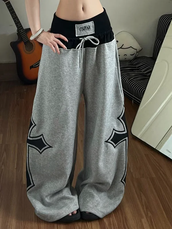 American Color Block Cross Stitched Loose Wide Leg Casual Pants for Women Summer New Design Feel Casual Pants High Waist Elastic