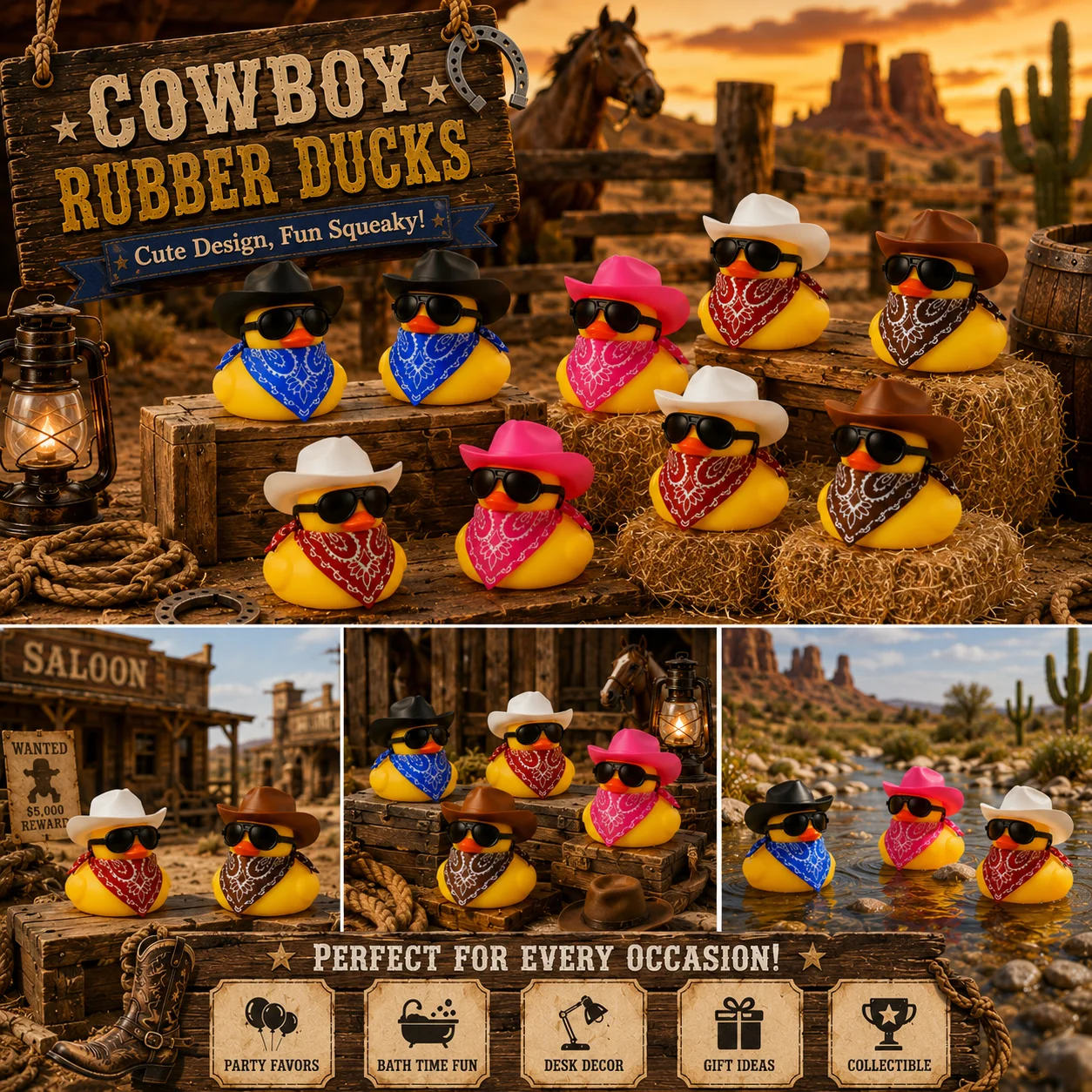 6/12/24/48 Set Cowboy Rubber Duck Mini Yellow Duckies Party Toys with Mini Cowboy Hat Paisley Bandana,  for Birthday Party Favor