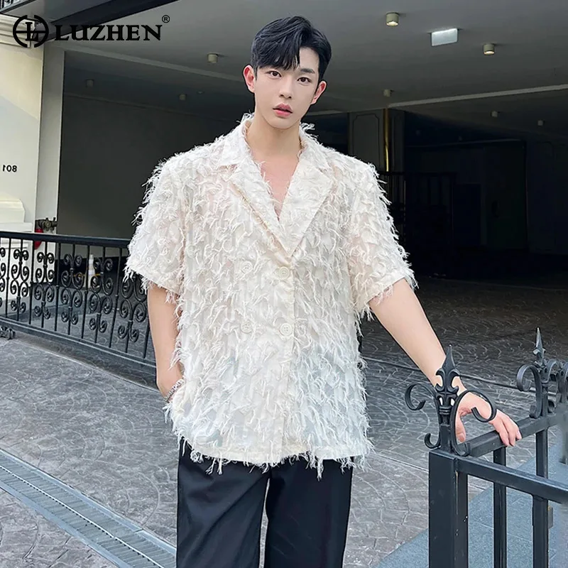 

LUZHEN Tassel Splicing Translucent Design Trendy Short Sleeved Shirts Korean New Original Men's Personality Fashion Tops LZ3407