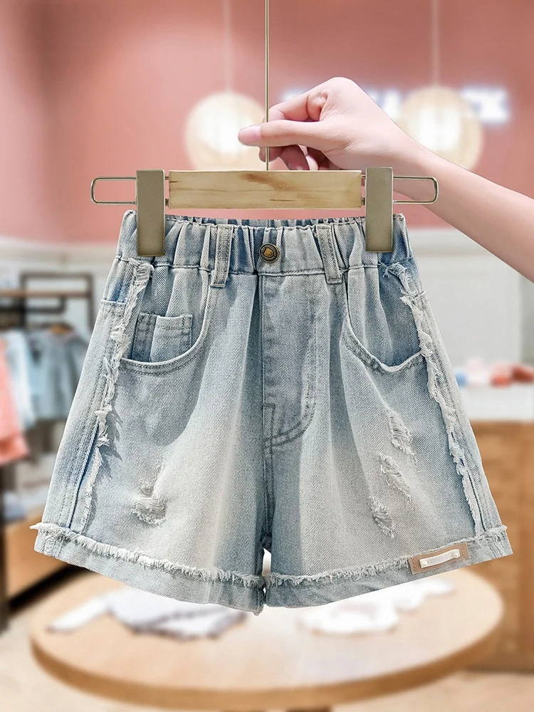 ラシャペル女の子デニムショートパンツ夏の新スタイル薄型モデルアウター子供服膝丈パンツ通気性耐摩耗性