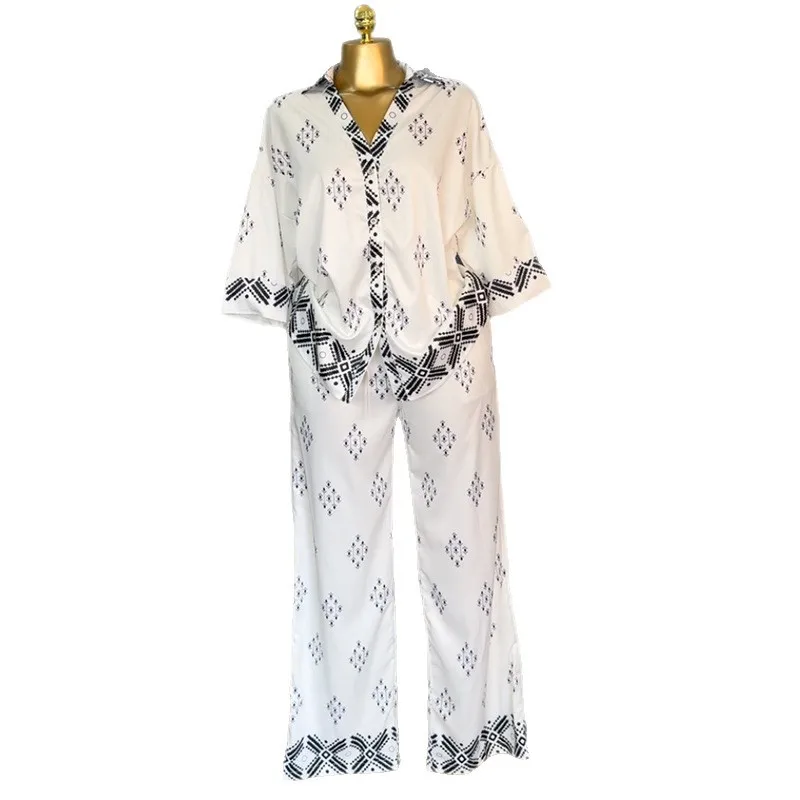 Donna Estate 2025 Moda Risvolto Stampa Camicia ampia Pantaloni a gamba larga Set casual Completo casual Pantaloni a gamba larga Set coordinato