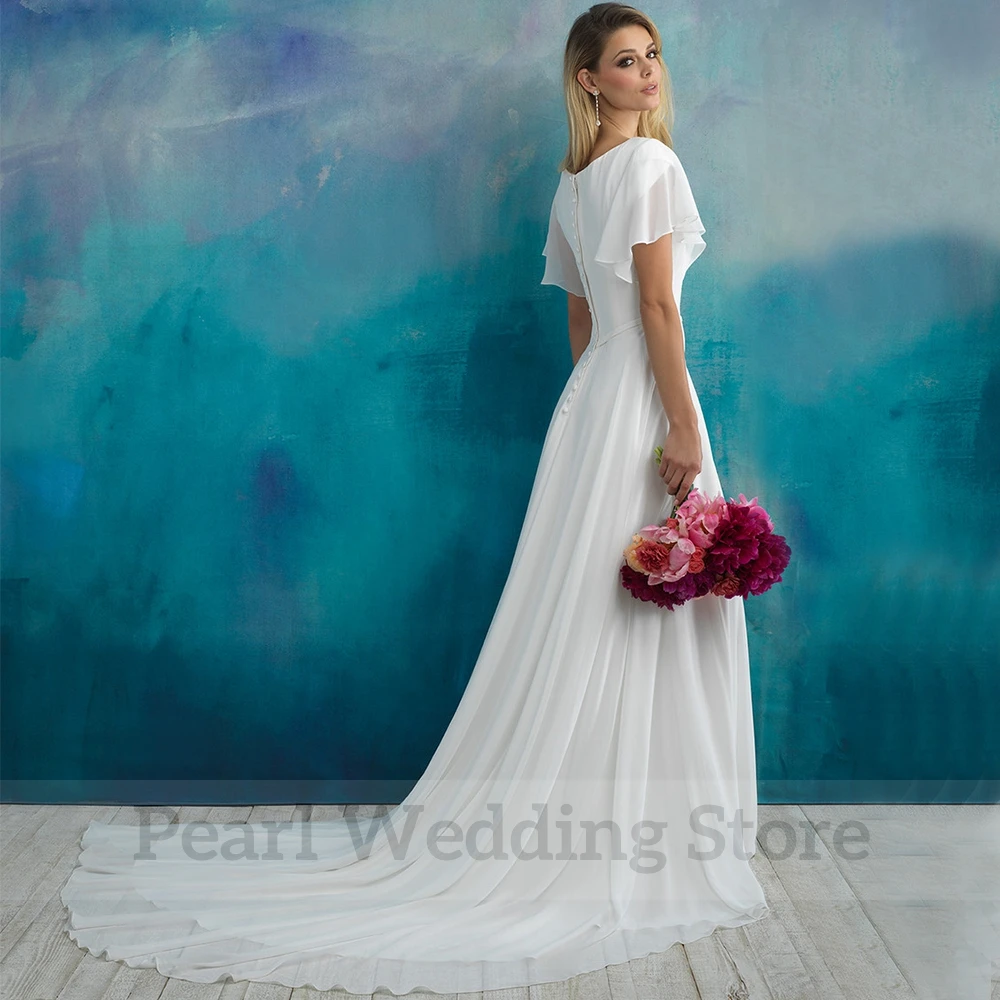 Classic Chiffon A-Line Wedding Dress Simple Short Sleeves V-Neck with Belt Floor Length Bridal Sweep Train  Buttons Gowns