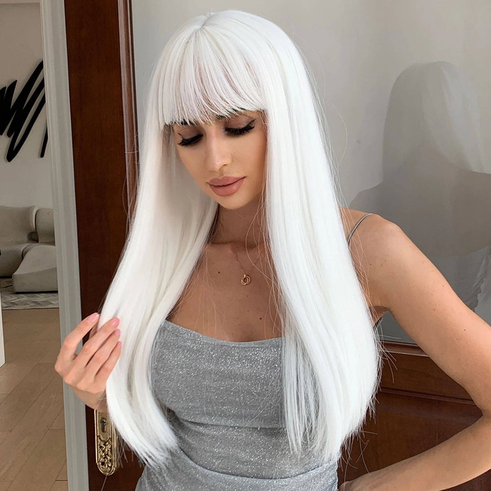 EASIHAIR Long Straight White Synthetic Wigs for Afro Women with Bangs Daily Cosplay Hair Natural Wigs Heat Resistant Fiber Wig