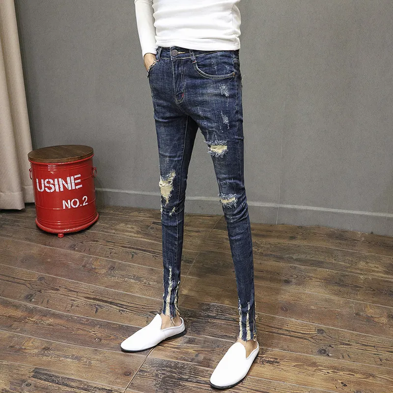 New 2022 Fashion Blue Ripped Hole Patch Slim Pants Male Skinny Jean Men Raw Edge Cat Claw Stretch Denim Ankle Length Pants Men