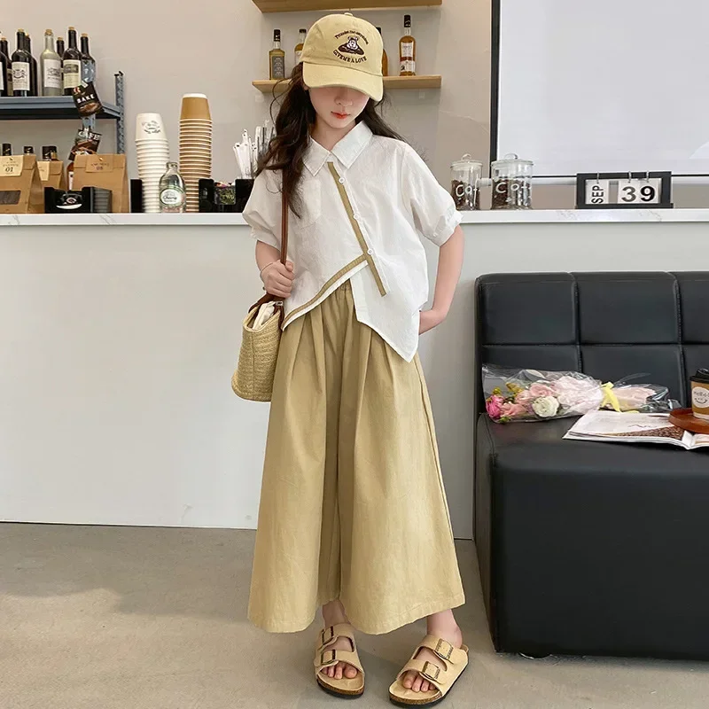 

Girls Suit 2024 Summer New Big Children Loose Soft Cool Breathable Preppy Style Shirt Wide Leg Pants Two Piece Children Suit