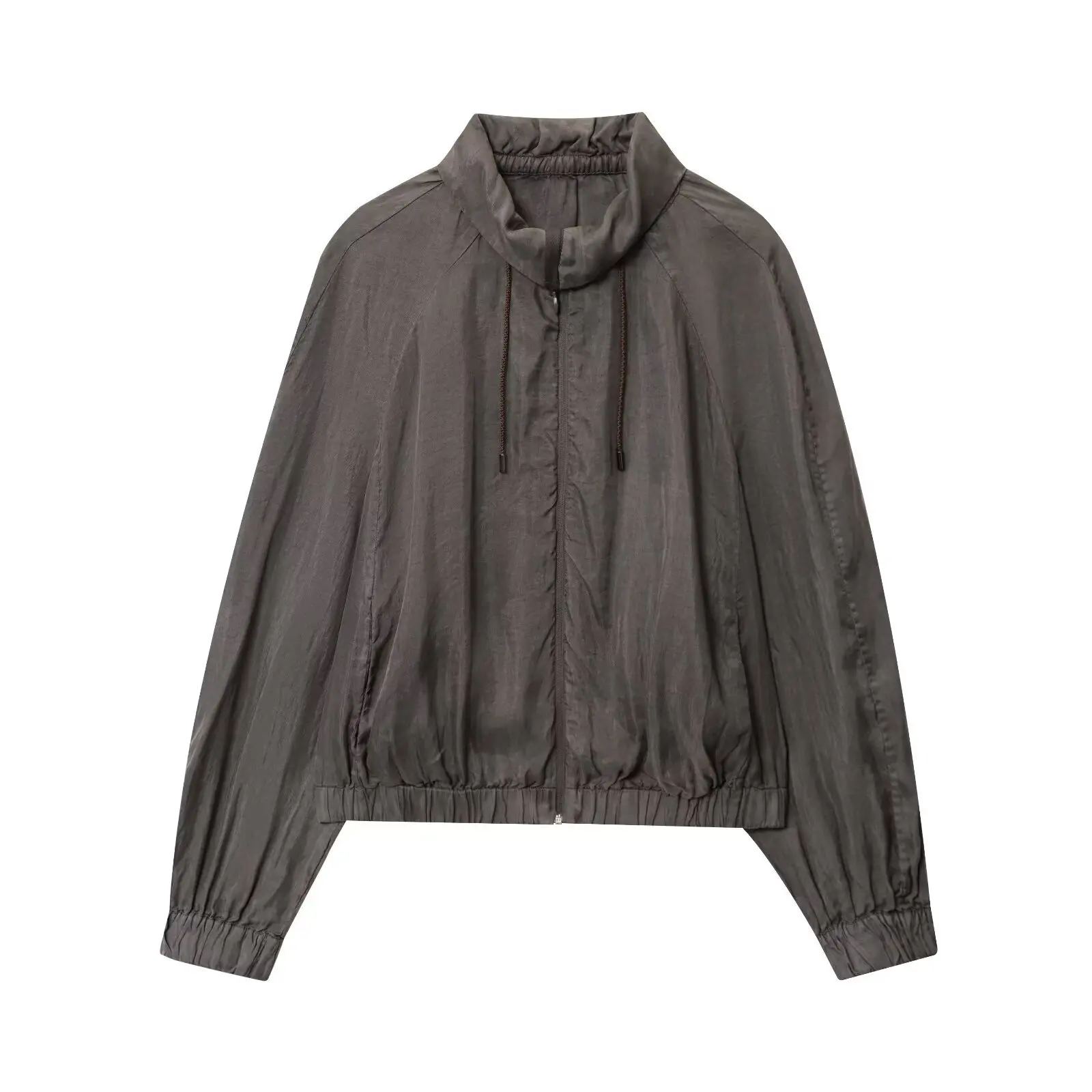 

Vintage Solid Loose Draped Bomber Jacket Women Lapel Collar Long Sleeve Zip-up Short Jackets Autumn Streetwear Fashion Outerwear