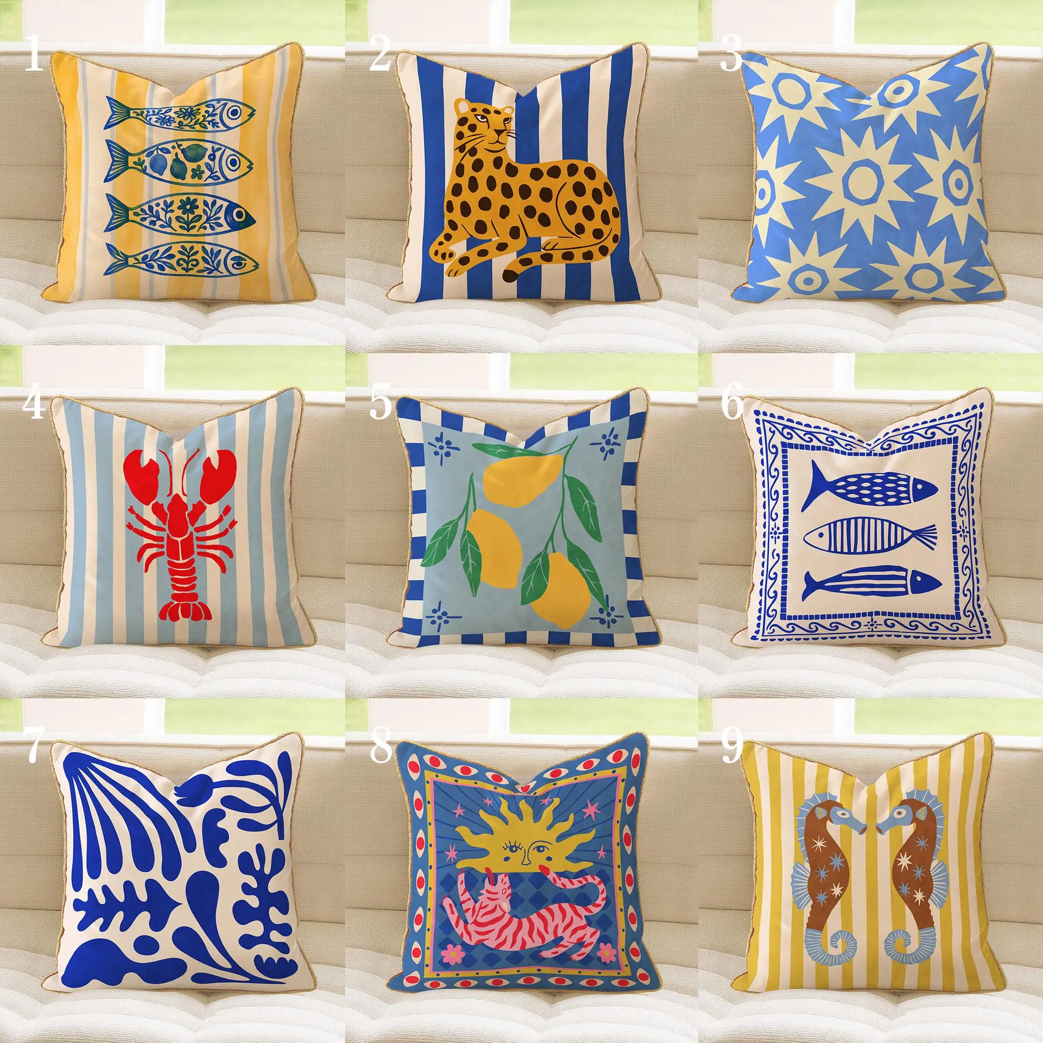 1pc Maximalist Coastal Pillowcase with Gold Trim, Eclectic Folk Art Pillow Cover, Dopamine Decor, Blue Yellow Summer Couch Pillo