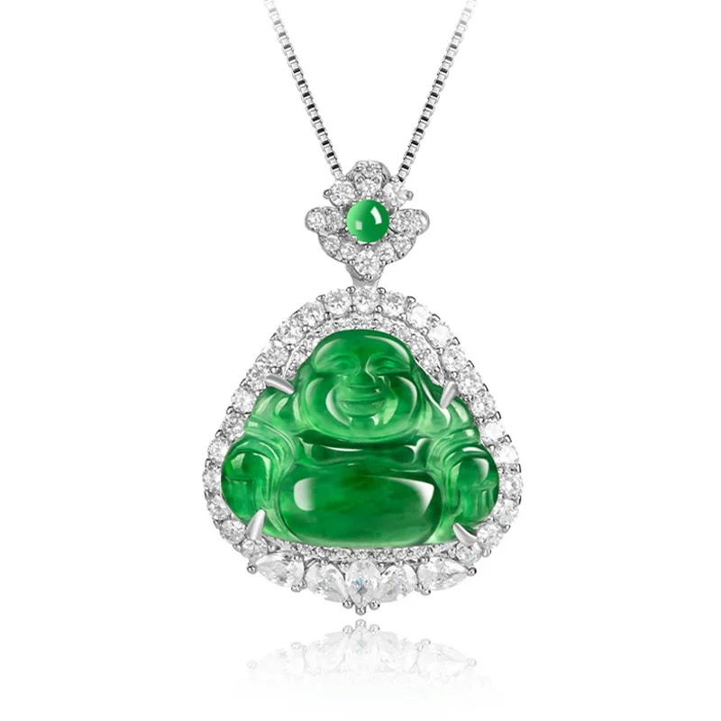 

Natural a Cargo Emerald Green Buddha S925 Silver InlayJade Women's Necklace Fashion Pendant