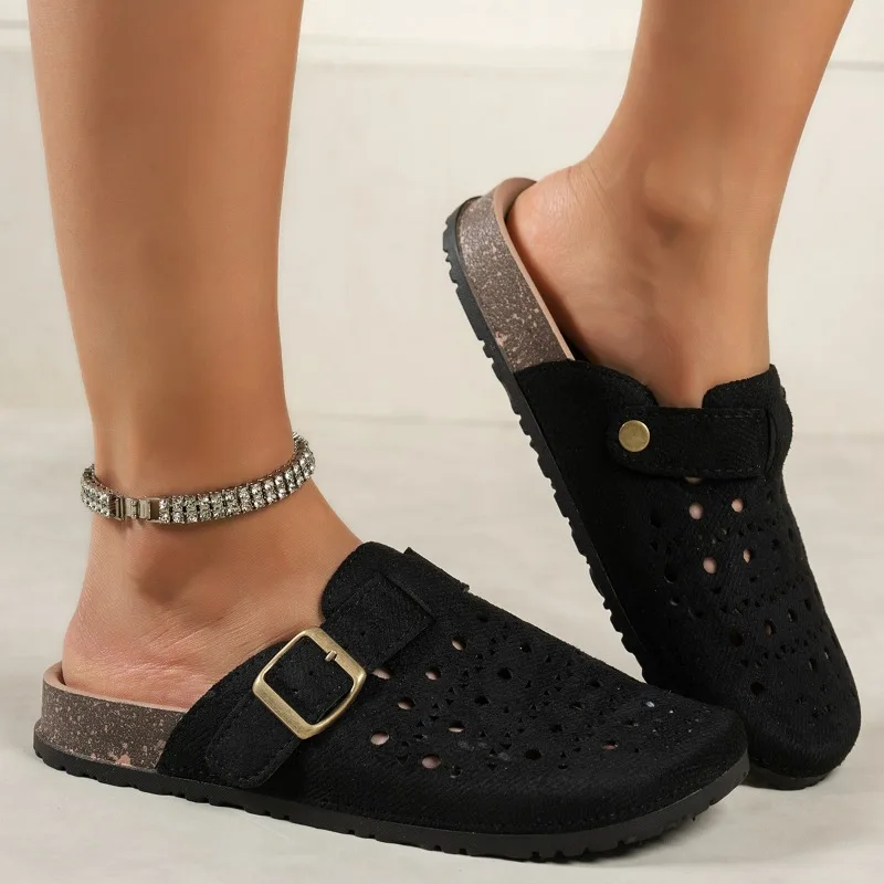 Women's Suede Laser Cutout Buckle Mule Sandals Round Toe Slip-On Comfort Casual Summer Breathable Closed Toe Cork Shoes view 2