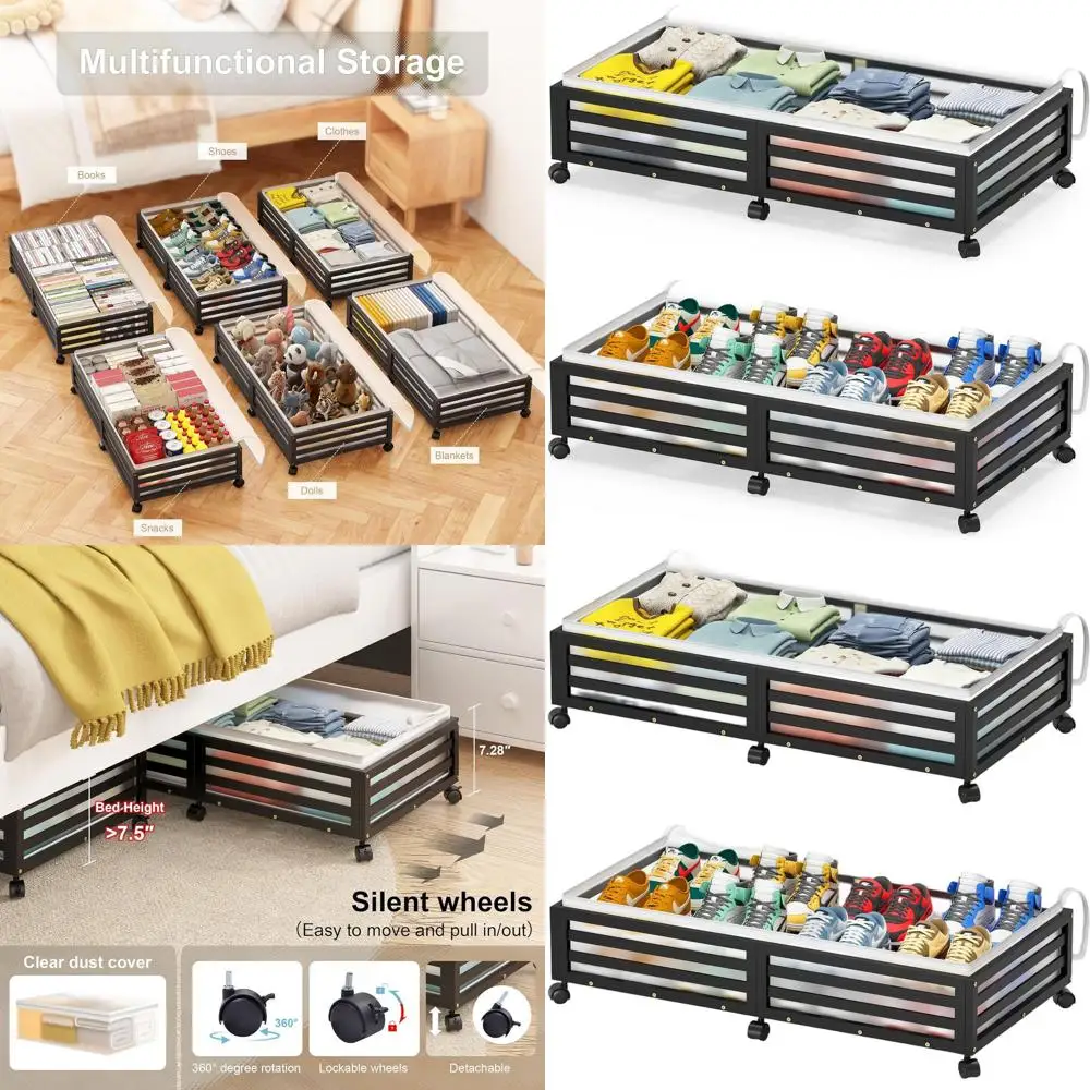 

Large Bamboo Rolling Underbed Storage Containers with Wheels for Shoes, Clothes, Blankets, and More (Black)