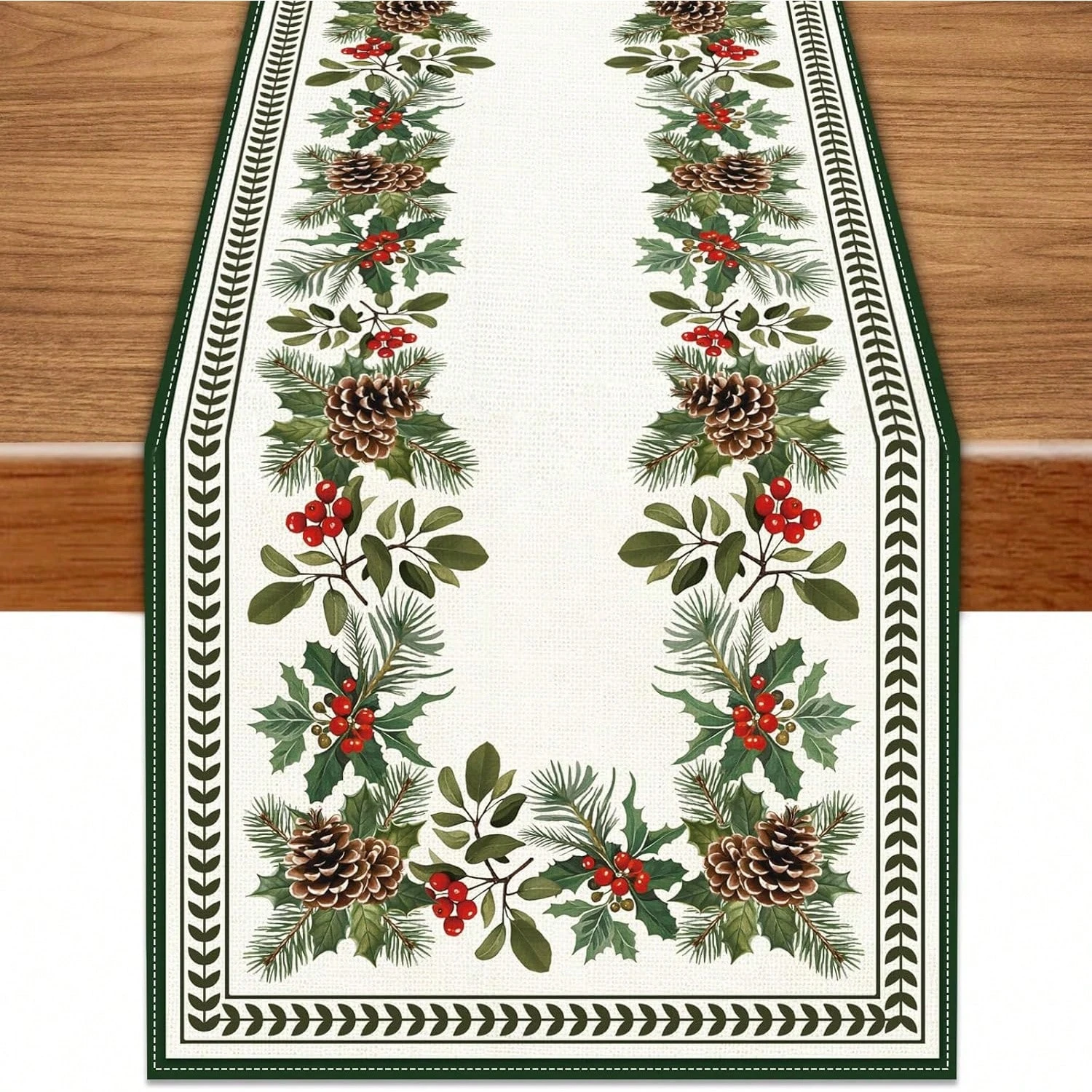 

1 Christmas Pinecone Holly Table Runner Floral Pattern Festive Winter Holiday Decor for Dining Table Christmas Party Decorations