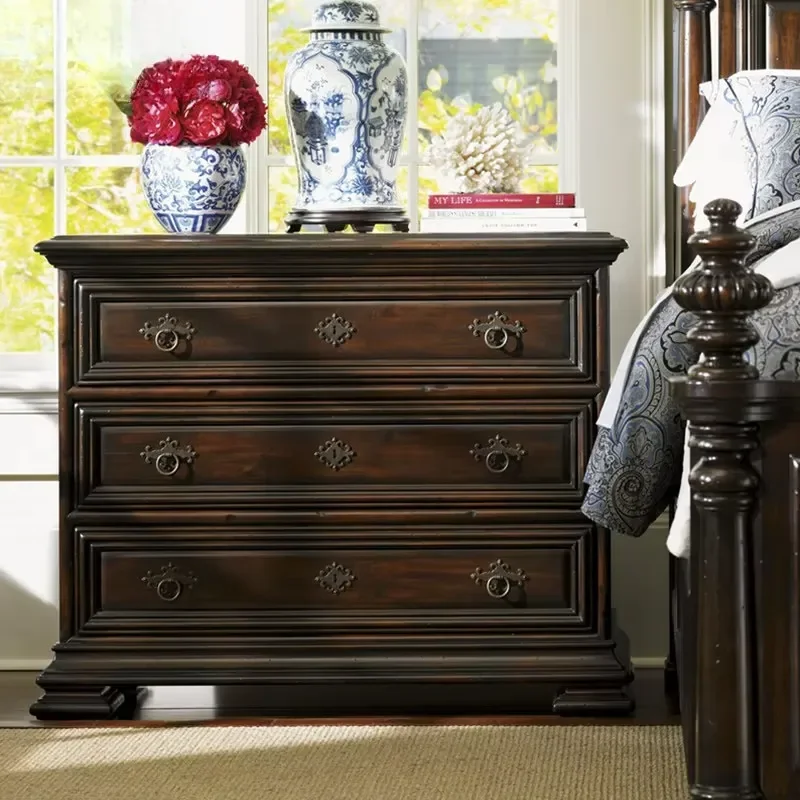 American Style Retro Imported Solid Wood Large Bedside Table Dark Color Distressed Bedroom Dressing Table Three-Drawer