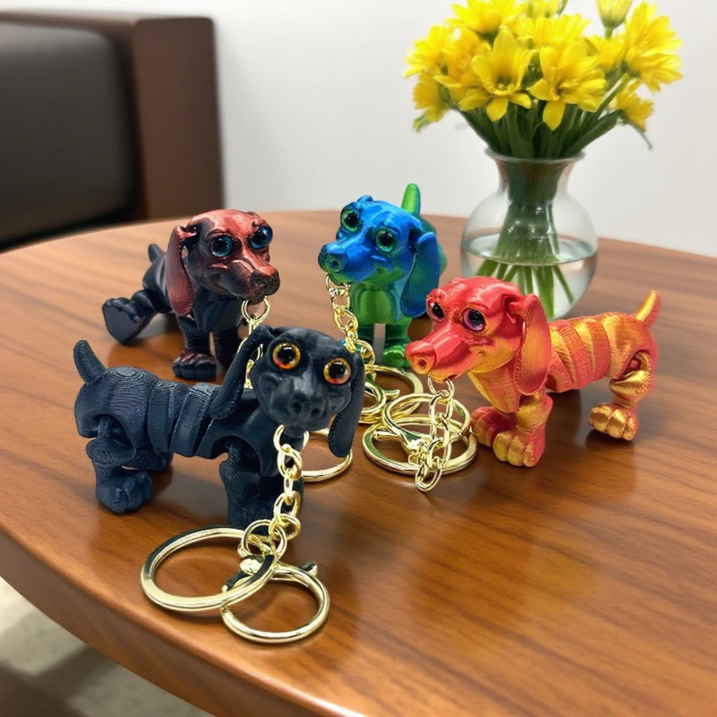 

3D Printed Dinosaur Sausage Dog Keychain Creative Movable Cartoon Animal Bag Pendant Home Decor Desktop Ornament for Kids Gift