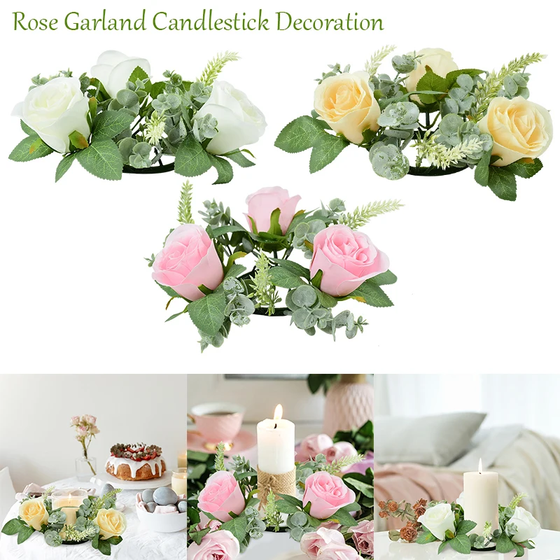 Artificial Rose Wreath Candle Ring Decorations Artificial Greenery Wreath Engagement Wedding Table Centerpiece Party Decor