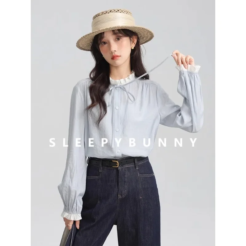 

Spring Women Blue Ruffle Trim Long Sleeve Shirt French Vintage Style Loose Fit Blouse Elegant and Chic Top for Petite Frames