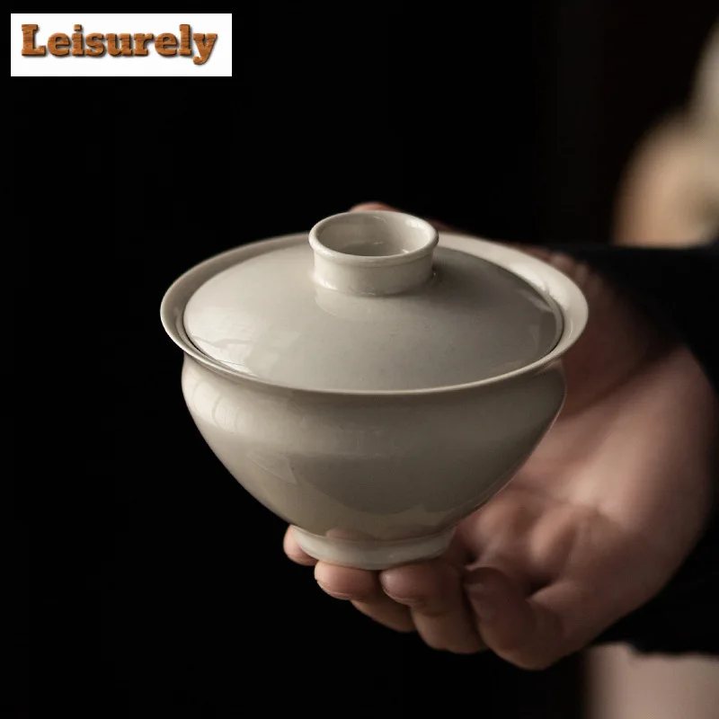 140ml Retro Grass Wood Gray Glaze Gaiwan Handmade Hand Held Tea Tureen Tea Making Cover Bowl Teaset Accessories Decoration Gift