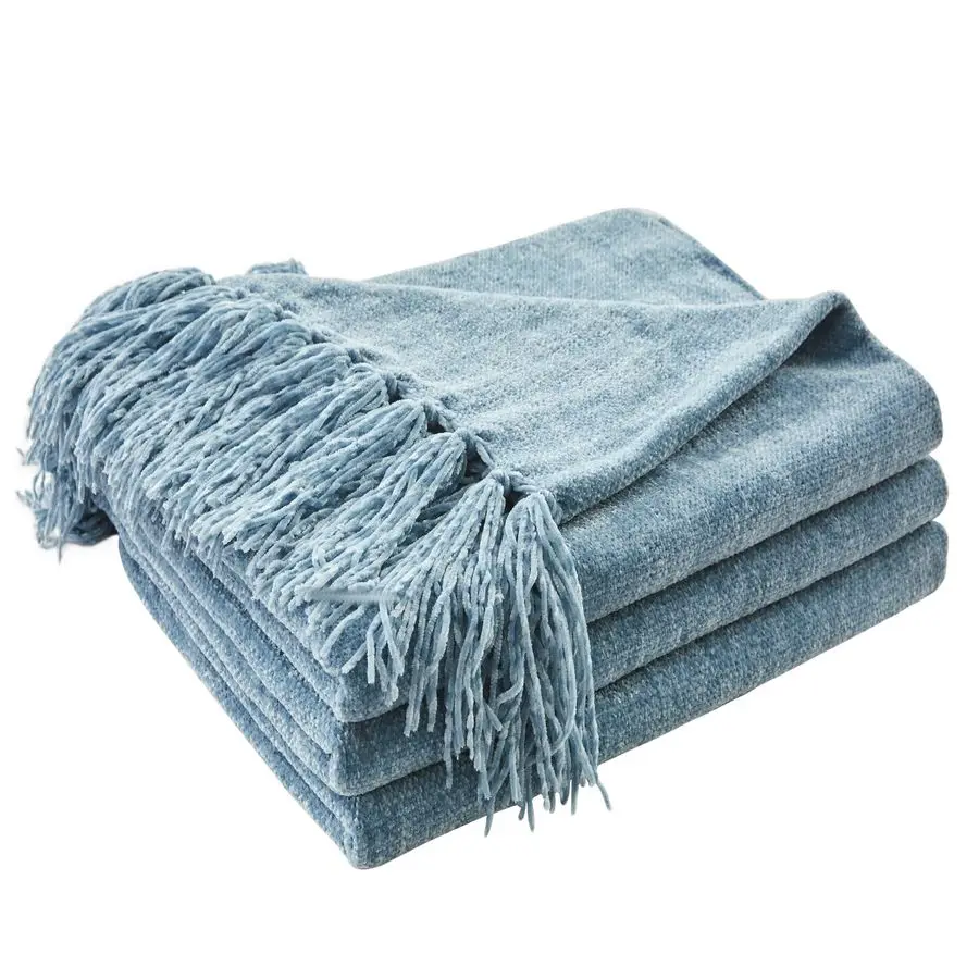 

Плюшевый плед из шенилла для дивана, уютное декоративное одеяло пыльно-голубого цвета с бахромой и кисточками, легкие пледы для кровати