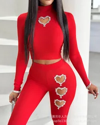 Two Piece Sets Wome Sexy Solid Pant Set Turtleneck Full Sleeve Slim Fit Tops Hollow Out High Waist Long Pants Sheath 2024