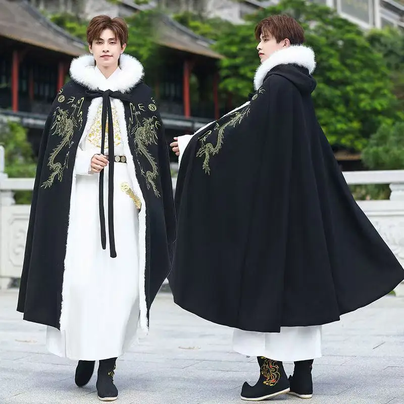 Capa de inverno vermelha da sorte, masculina, feminina, tradicional chinesa, casamento, hanfu, longo, robe, dragão, bordado, gola de pelúcia, capa de evento de natal