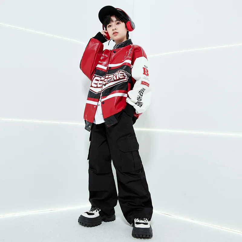 Ensemble veste et pantalon cargo décontracté pour enfants, vêtements pour enfants, patchwork rouge, noir, olympiques de danse jazz pour filles, streetwear hip hop pour garçons, Kpop