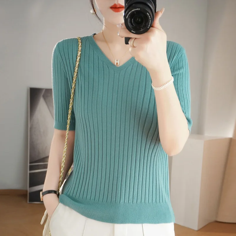 2024 new Women\'s Clothing Pullovers Sweaters Spring Summer New V-neck Short sleeved Knitted Shirt Base Shirt Solid Color Jumpers